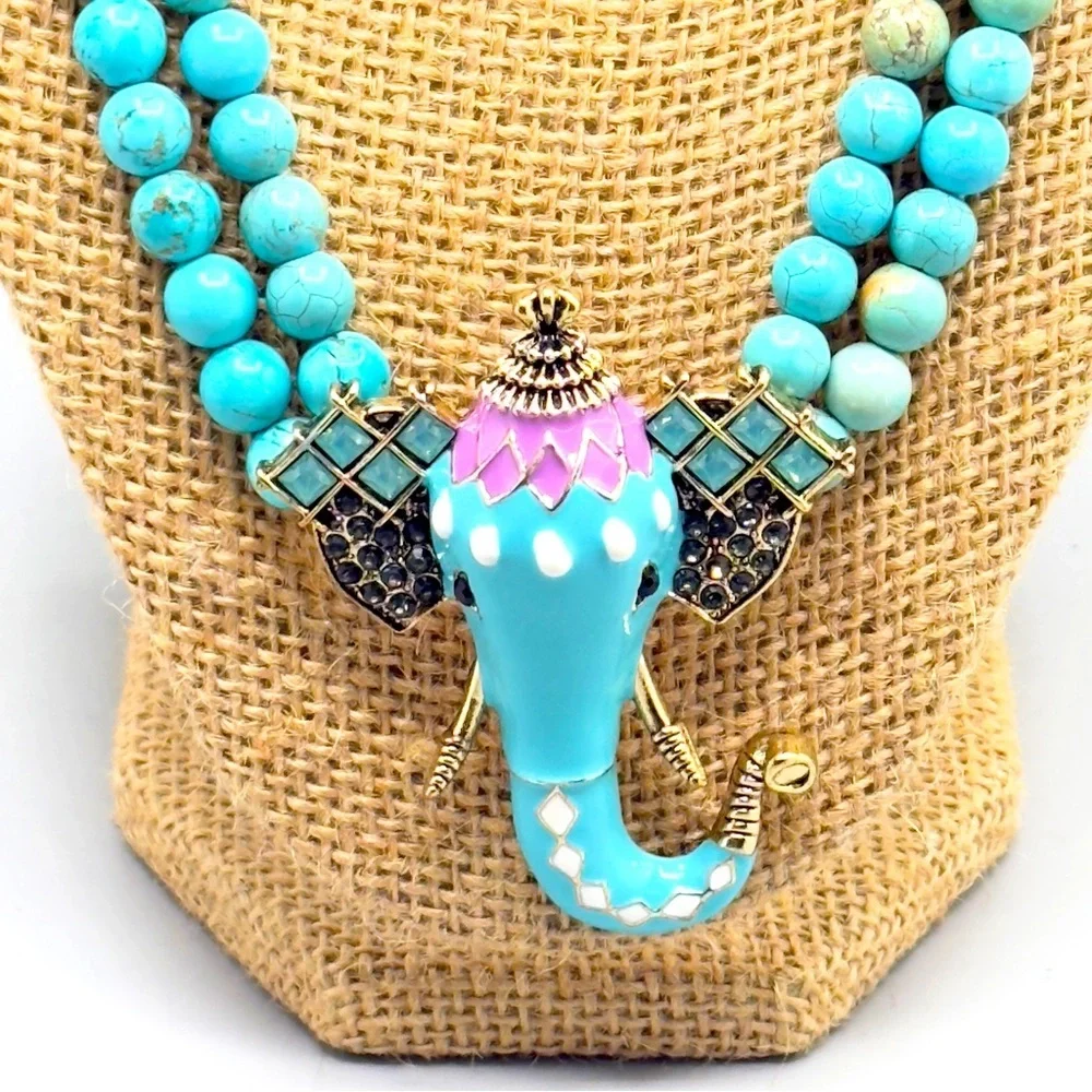 Elephant Teal Turquoise Stone and Jewel Statement Necklace 12”